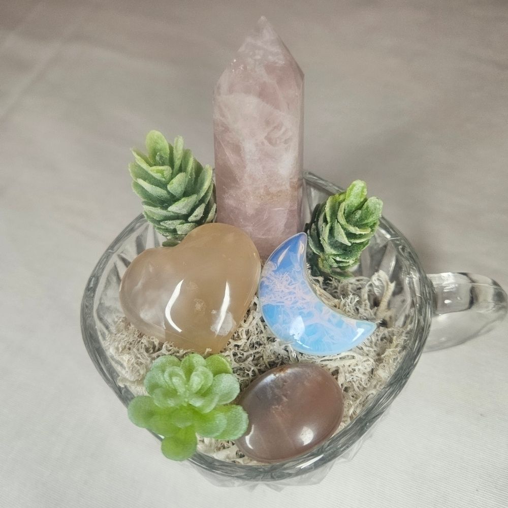 Self Love and Personal Growth- Teacup Crystal Garden in Vintage Glassware